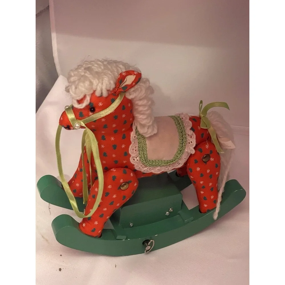 Stuffed Christmas Rocking Horse Music Box Red Green Fabric Wood‎ San Francisco